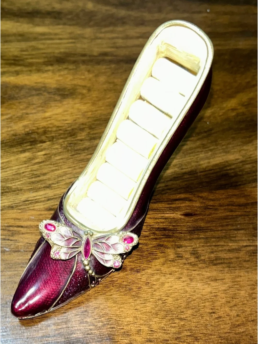 Vintage Jere Burgundy Enamel High Heel Shoe Ring Holder Butterfly